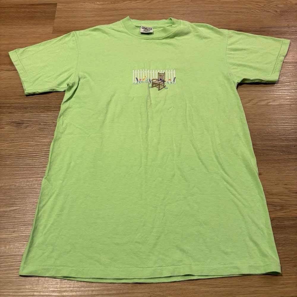 VTG 90s Oneita T-Shirt M Lime Green Single Stitch Embroidered Granny Cottagecore